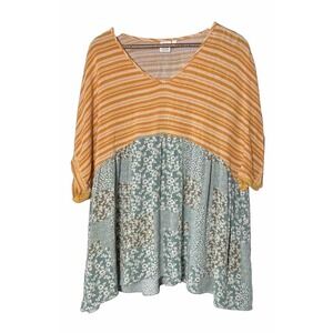 Grace & Emma Blue Yellow Cottage Boho soft Short Sleeve Top 3X festival hippie